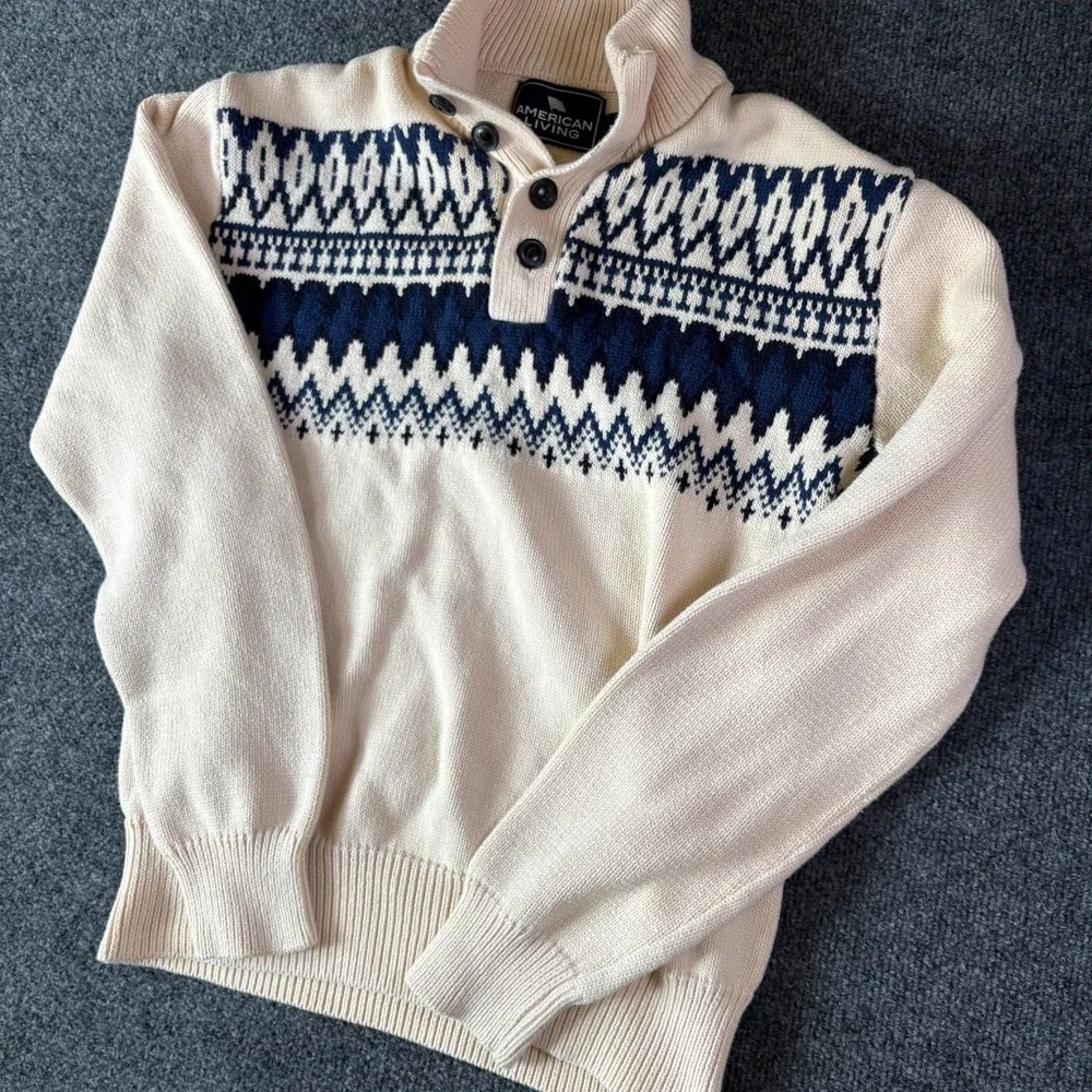 VTG American Living By Ralph Lauren Sweater Mens M Beige Blue Knitted 1/4 Button
